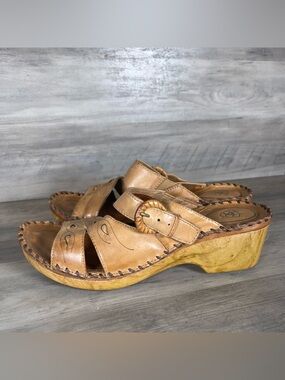 Ariat Womens 10 Bridgeport Leather Tan Brown Chunky Western Aztec SlipOn Sandals